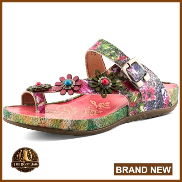 Shoes - Adjustable Strap Slide Sandals with Snake Skin Pattern Leather Flexible Sole